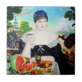 Dame Drinking Tea mit Katzen-Fliese Fliese (Vorderseite)