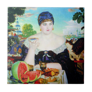 Dame Drinking Tea mit Katzen-Fliese Fliese