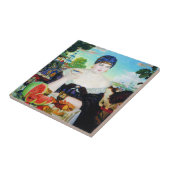 Dame Drinking Tea mit Katzen-Fliese Fliese (Seite)