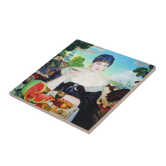 Dame Drinking Tea mit Katzen-Fliese Fliese (Seite)