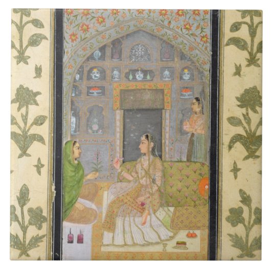 Dame gesetzt in einem Pavillon mit Begleitern, vom Fliese (Vorderseite)