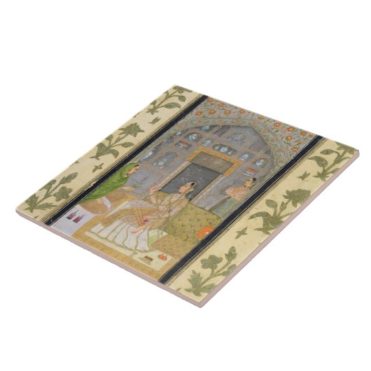 Dame gesetzt in einem Pavillon mit Begleitern, vom Fliese (Seite)