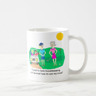 Dame Golfer Housekeeping Cartoon Mug Kaffeetasse