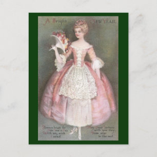 Dame im rosa Kleid mit Blumenstrauß Vintage Neujah Feiertagspostkarte