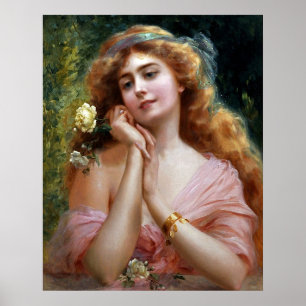 Dame im Vintage-Look in Rosa mit gelber Rose Poster