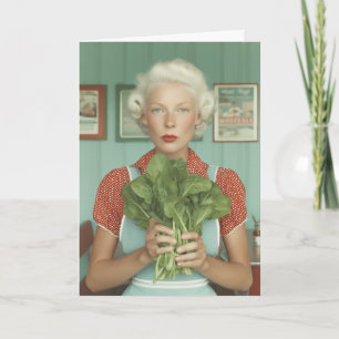 Dame im Vintage-Stil hält frische Blattgemüse Karte