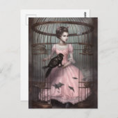 Dame im Vogelkäfig mit seltsamem Vogel Postkarte (Vorne/Hinten)