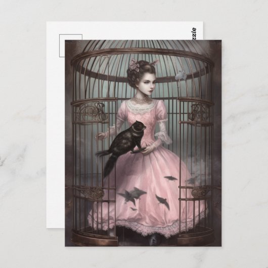 Dame im Vogelkäfig mit seltsamem Vogel Postkarte (Vorne/Hinten)
