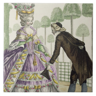Dame in den lila Kleiderpromenaden in den Gärten Fliese