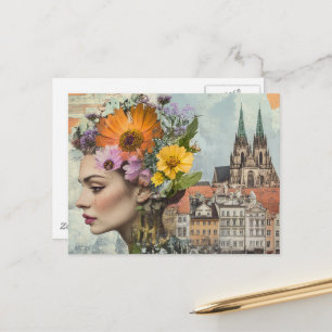 Dame in einer Stadt Collage Blumen Gebäude Postkarte