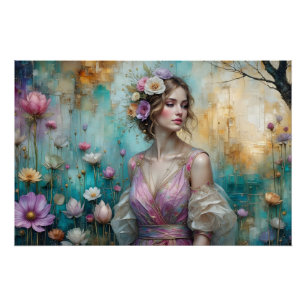 Dame in Rosa, texturierte Blumenlandschaft Türkis Poster