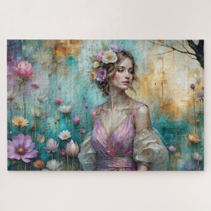 Dame in Rosa, texturierte Blumenlandschaft Türkis Puzzle