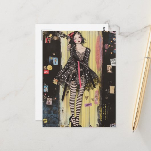 Dame in Schwarz-Weiß-Mode-Collage Postkarte (Vorderseite/Rückseite Beispiel)