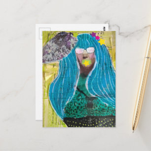 Dame mit blauem Haar Mixed Media Collage Postkarte
