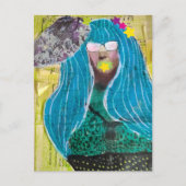Dame mit blauem Haar Mixed Media Collage Postkarte (Vorderseite)