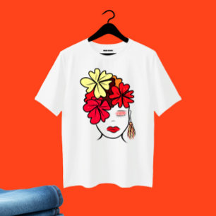 Dame mit Blumenporträt Große Größe T-Shirt