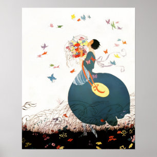 DAME MIT BLUMENSTRÄUSSEN UND SCHMETTERLINGEN POSTER