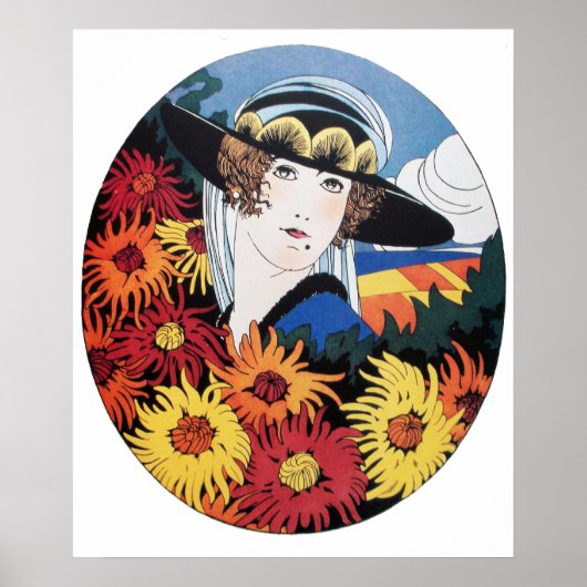 Dame mit Chrysanthemenblüten Poster (Vorne)