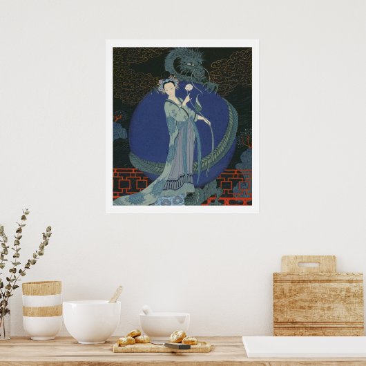 Dame mit Drache (farbige Litho) Poster (Küche)