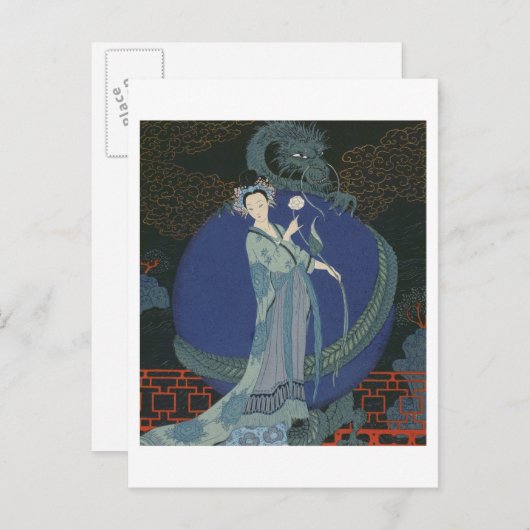 Dame mit Drache (farbige Litho) Postkarte (Vorne/Hinten)