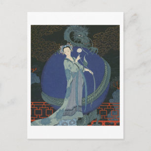Dame mit Drache (farbige Litho) Postkarte