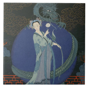 Dame mit einem Drachen (Farbelitho) Fliese