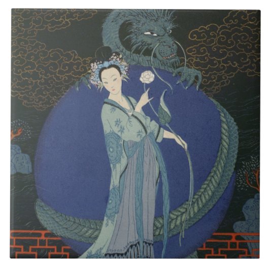 Dame mit einem Drachen (Farbelitho) Fliese (Vorderseite)