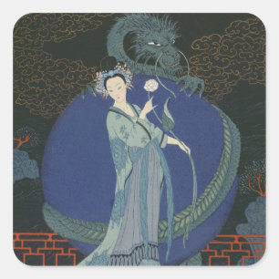 Dame mit einem Drachen (Farbelitho) Quadratischer Aufkleber