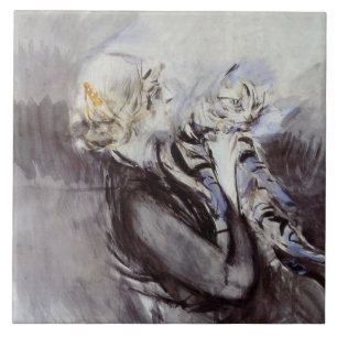 Dame mit einer grauen Katze (von Giovanni Boldini) Fliese