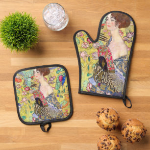 Dame mit Fächer von Gustav Klimt, Vintage Japonism Ofenhandschuh & Topflappen-Set