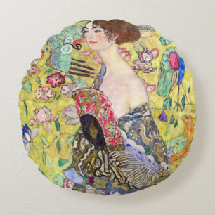 Dame mit Fächer von Gustav Klimt, Vintage Japonism Rundes Kissen