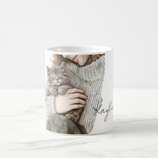 Dame mit grauer Katze Kaffeetasse (Mittel)