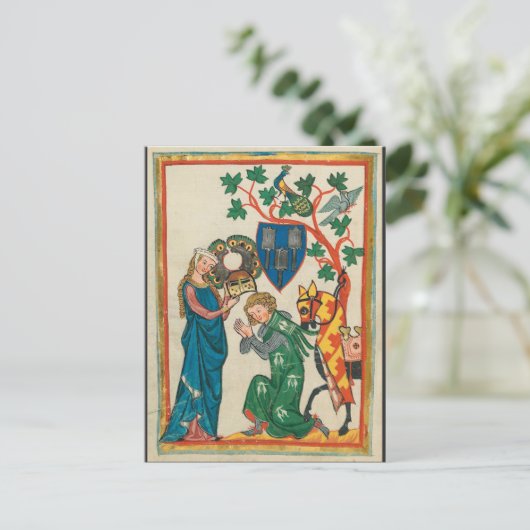 Dame mit Ritter, mittelalterliches Manuskript aus Postkarte (Stehend Vorderseite)