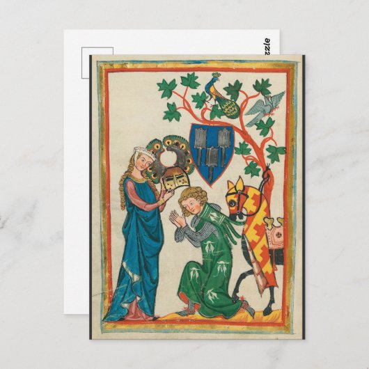 Dame mit Ritter, mittelalterliches Manuskript aus Postkarte (Vorne/Hinten)