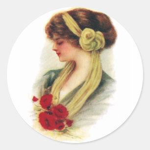 Dame mit Rosen Runder Aufkleber