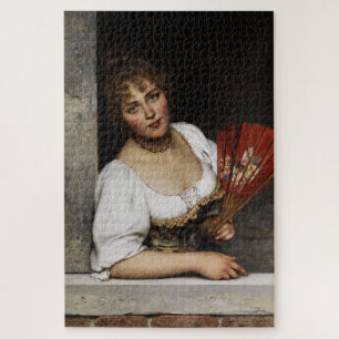 Dame mit rotem Fächer (von Eugene de Blaas) Puzzle