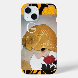 DAME MIT ROTEM ROSEN-MONOGRAMM iPhone 15 HÜLLE