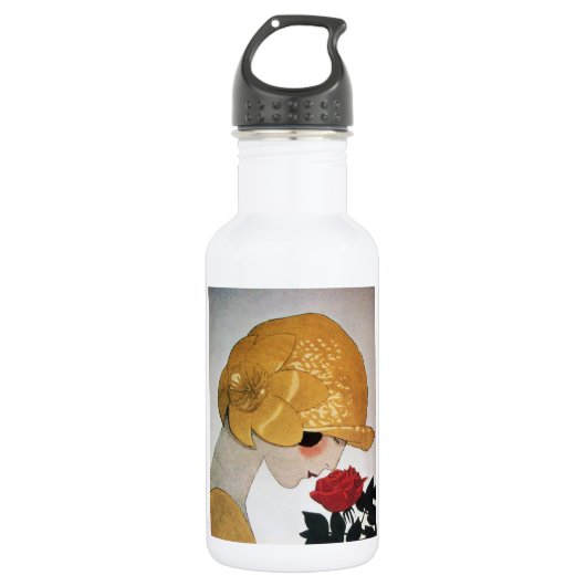 DAME MIT ROTER ROSE EDELSTAHLFLASCHE (Vorderseite)