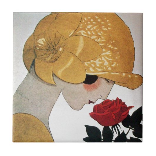 DAME MIT ROTER ROSE FLIESE (Vorderseite)