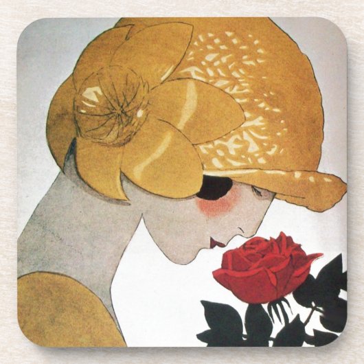 DAME MIT ROTER ROSE GETRÄNKEUNTERSETZER (Vorderseite)