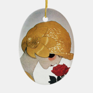 DAME MIT ROTER ROSE KERAMIKORNAMENT