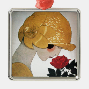 DAME MIT ROTER ROSE ORNAMENT AUS METALL