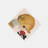 DAME MIT ROTER ROSE , Rosa Serviette (Ecke)