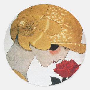 DAME MIT ROTER ROSE RUNDER AUFKLEBER