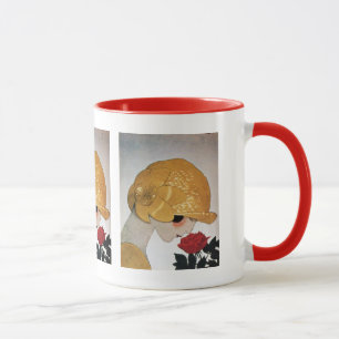 DAME MIT ROTER ROSE TASSE