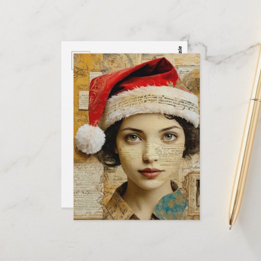 Dame mit Santa-Hut Mixed Media Collage Postkarte (Vorderseite/Rückseite Beispiel)