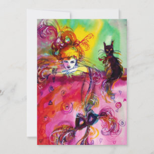 DAME MIT SCHWARZER KATZE /Mardi Gras  Maskenparty Einladung