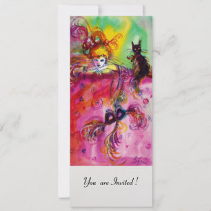 DAME MIT SCHWARZER KATZE /Mardi Gras  Maskenparty Einladung