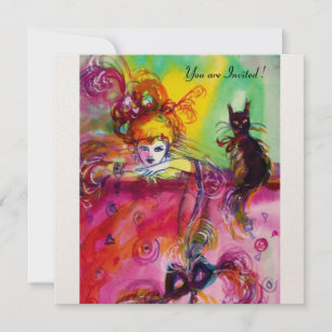 DAME MIT SCHWARZER KATZE /Mardi Gras  Maskenparty Einladung