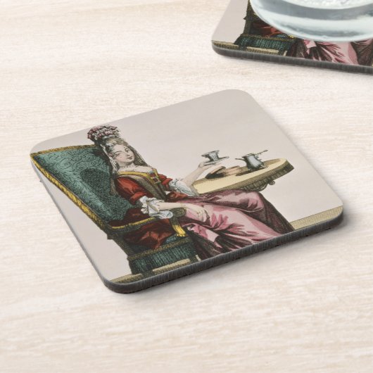 Dame Taking Coffee, Modegeck, c.1695 (engravi Untersetzer (Linke Seite)